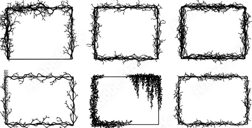Dry branches silhouettes rectangular shape frame set. Arid tree part with leaves elegant liana creeper dangling nature plant element. Black and white simple flat style. Isolated vector on white