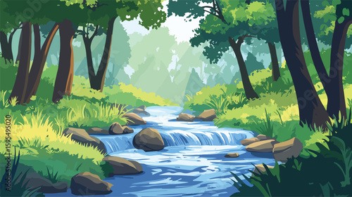 Tranquil stream flowing through lush forest showcasing nature's rhythm and simplicity