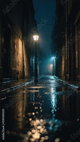 A serene alley lit by street lamps on a rainy night.
