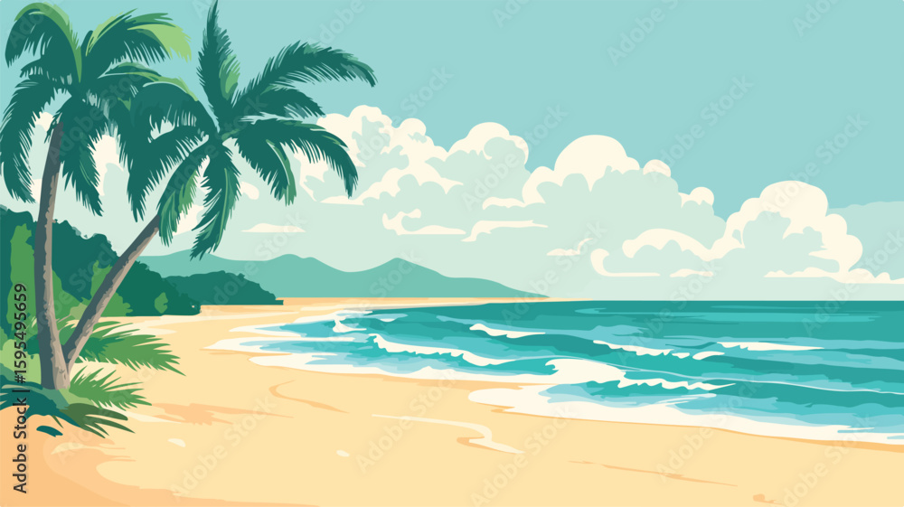 Obraz premium Tropical Beach Paradise with Palm Trees - Relaxation and Serenity Concept