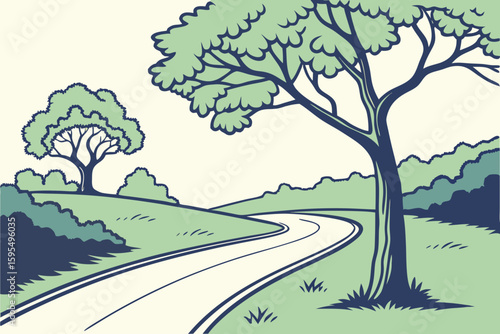 Country road stretching through nature with the word “Recovery” painted on asphalt, symbolizing healing and progress, modern flat illustration style.