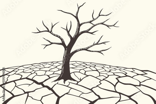 Cracked dry earth with a lifeless tree standing alone, visualizing the harsh impact of drought, modern flat illustration style.