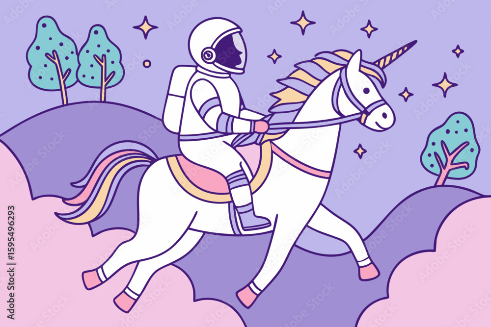 Fototapeta premium An astronaut rides a unicorn through a magical cartoon realm filled with anime wonder and fantasy, modern flat illustration style