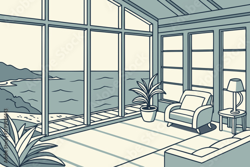 An elegant sunroom with ocean views and large windows creates a serene coastal escape, modern flat illustration style