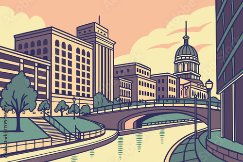 A sweeping cityscape captures Petersburg’s skyline and waterway charm in scenic grandeur, modern flat illustration style