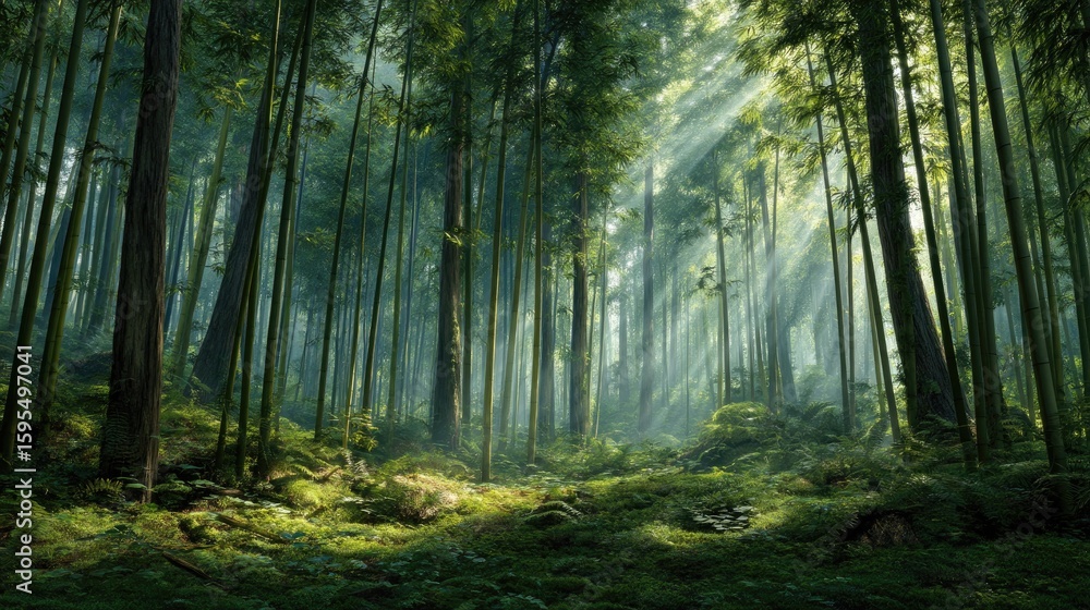 Naklejka premium Sunlight streams through a dense, mossy forest.