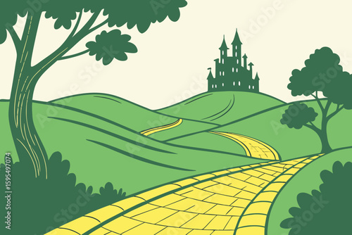 A yellow brick road leads through lush terrain toward the majestic emerald city castle in the distance, modern flat illustration style