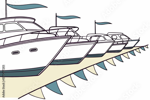 Boat bows rise in neat rows at a lively boat show, shimmering under sunlight, modern flat illustration style