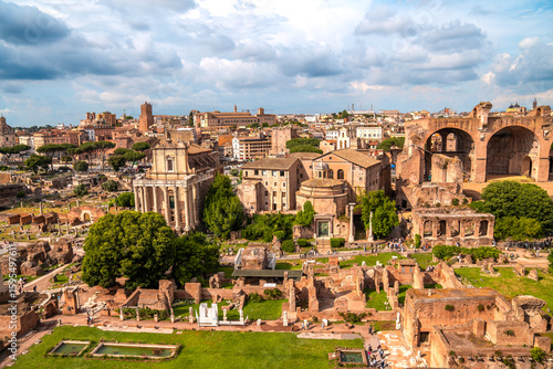 Ancient Forum Romanum. View from Palatine hill. Beautiful old ruins of roman imperium
