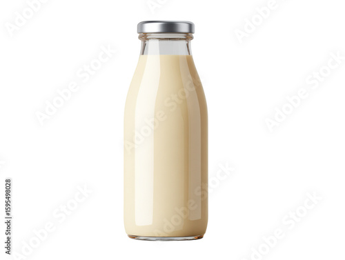 Indoor food photography fresh milk poured into glass bottle. Isolated on transparent background, png.