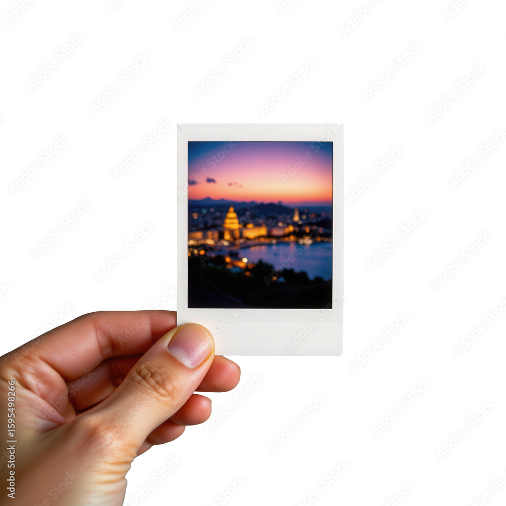 Fototapeta premium Hand Holding Vintage Photo of City with Transparent background