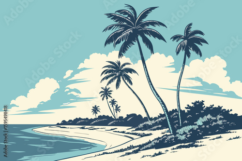 Coconut palms sway on Sandy Cay’s white sands, set against a brilliant blue sky, modern flat illustration style