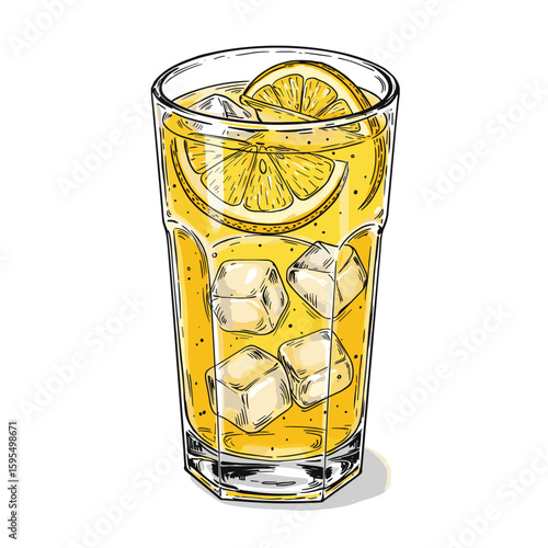 Refreshing glass of iced lemon tea with ice cubes and lemon slice  