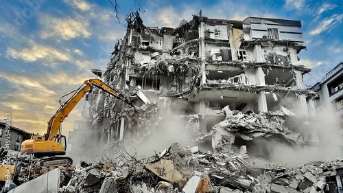 Building demolition with excavator, dust and debris, urban decay