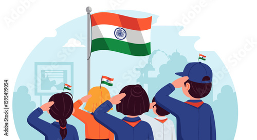 Children Saluting the Indian Flag During a National Celebration