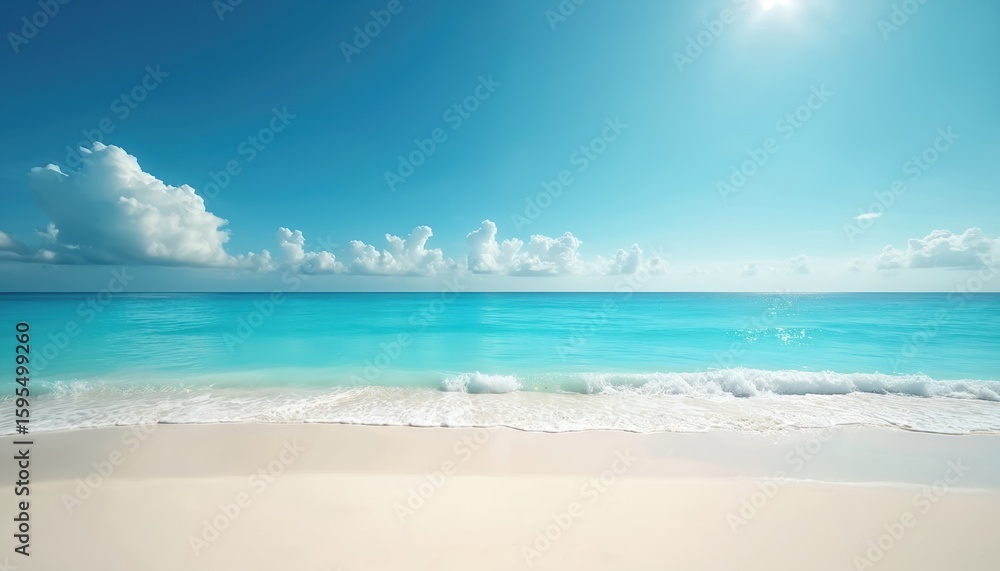 Turquoise ocean waves gently wash ashore on bright white sandy beach under clear blue sky with scattered white clouds. Sunlight sparkles on calm sea surface, creating serene tropical paradise perfect Turquoise ocean waves gently wash ashore on bright white sandy beach under clear blue sky with scattered white clouds. Sunlight sparkles on calm sea surface, creating serene tropical paradise perfect