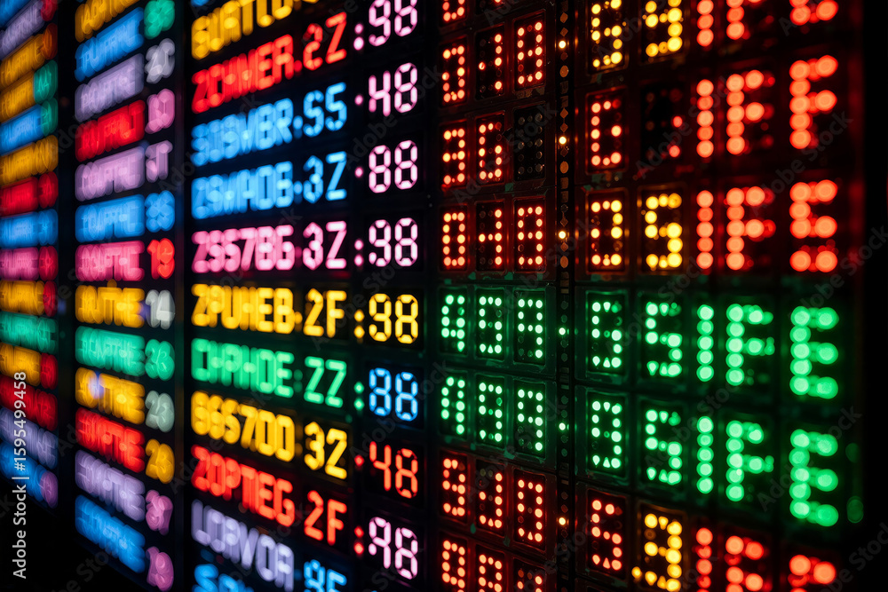 Fototapeta premium Bright electronic ticker display showing stock market data at a financial district location during busy trading hours