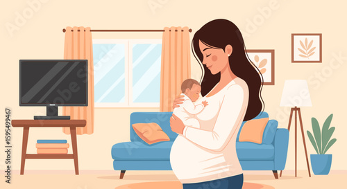 A loving mother embraces her newborn baby with tender care and warmth, creating a serene domestic scene