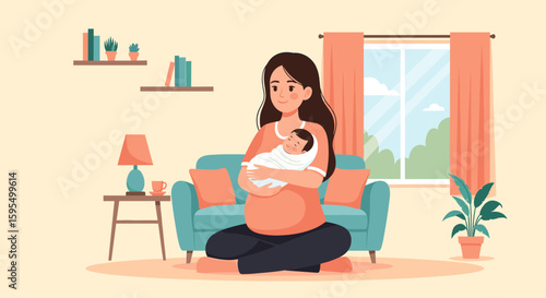 A tender moment of a mother cradling her newborn baby in a cozy living room