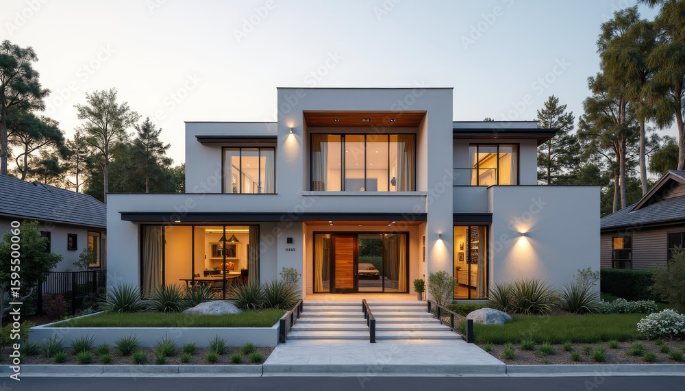 Fototapeta premium Modern Architecture, Contemporary Home, Residential Area, Photo, Exterior, Evening, Minimalist Design