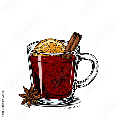Warm spiced mulled wine with lemon slice and cinnamon stick  