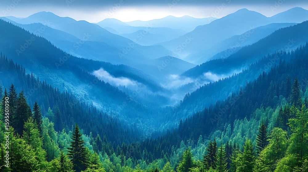 Obraz premium Misty mountain range with lush forests.