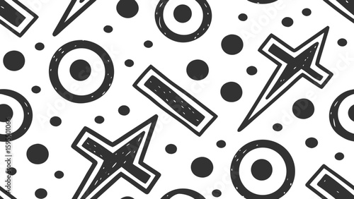 black white geometric seamless pattern circles crosses dots abstract shapes design