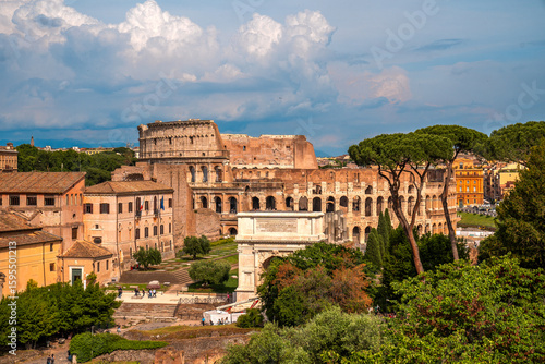 Ancient Forum Romanum. View from Palatine hill on Colosseo. Beautiful old ruins of roman imperium