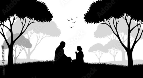 Two Figures Meditating in a Serene Forest Landscape