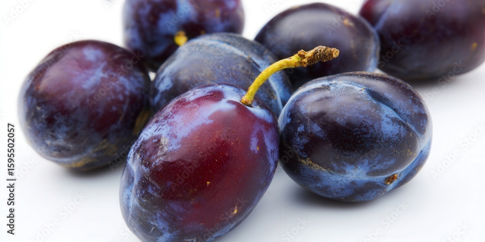 Fototapeta premium Delicious purple plums are arranged on a white surface, ready to eat.