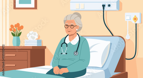 Elderly Woman Patient Receives Medical Care in Hospital Room, Recuperation and Wellness