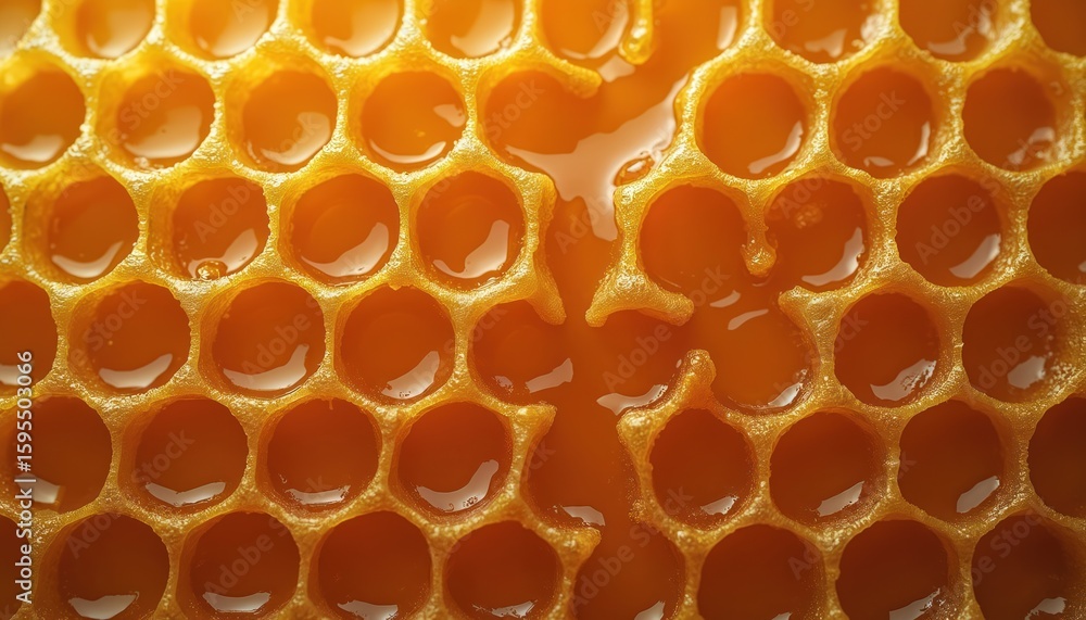 Close-up top view of golden honeycomb brimming with liquid honey. Hexagonal wax cells form intricate pattern. Natural sweet nectar, healthy food, beekeeping product, macro shot. Close-up top view of golden honeycomb brimming with liquid honey. Hexagonal wax cells form intricate pattern. Natural sweet nectar, healthy food, beekeeping product, macro shot.