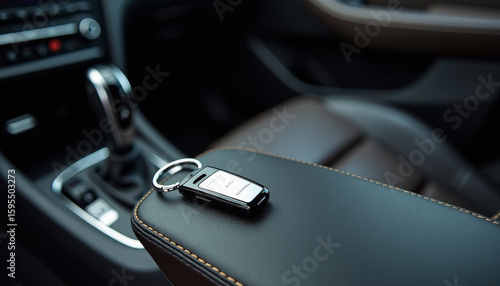 Car Key Fob on Center Console, Modern Vehicle Interior, Automotive Photography, Stylish Environment, Close-Up View, Luxury Concept