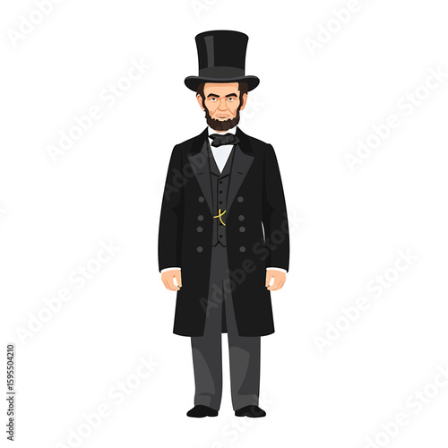 Full-length illustration of a man wearing a top hat, suit, and bow tie, standing against a white background.