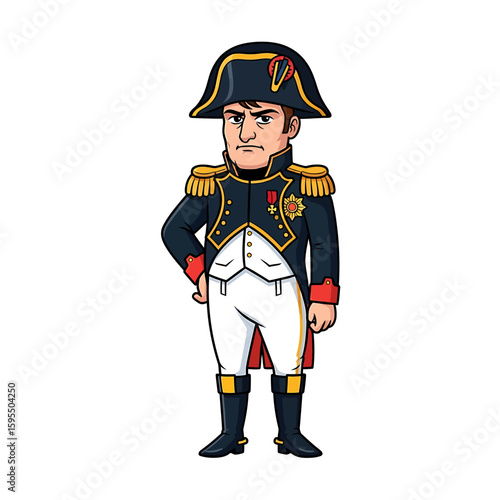 Cartoon depiction of Napoleon Bonaparte in full military uniform, standing with a stern expression and hand on hip.