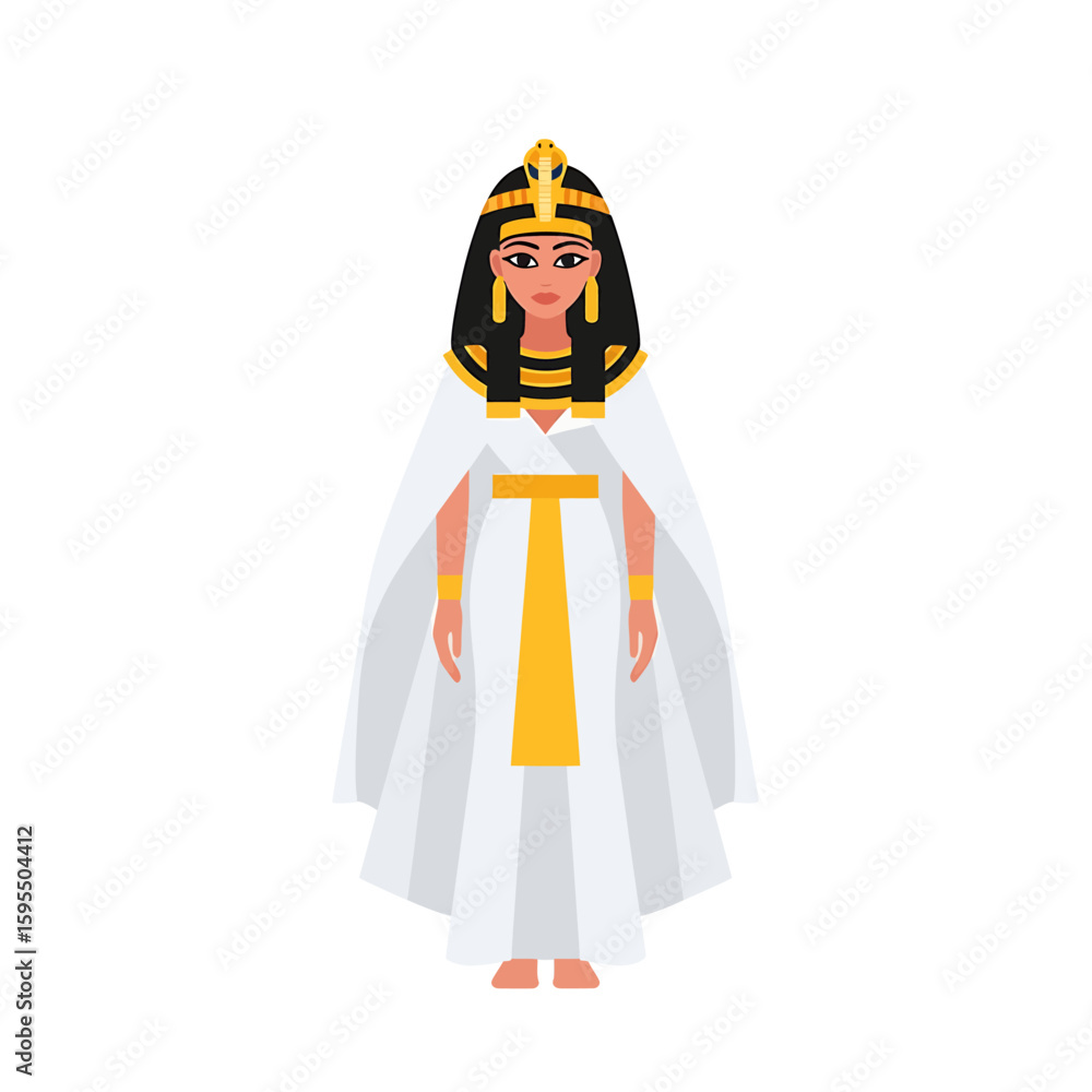 Illustration of a woman dressed as an Egyptian queen or pharaoh with a white dress, cape, and golden accessories. Illustration of a woman dressed as an Egyptian queen or pharaoh with a white dress, cape, and golden accessories.