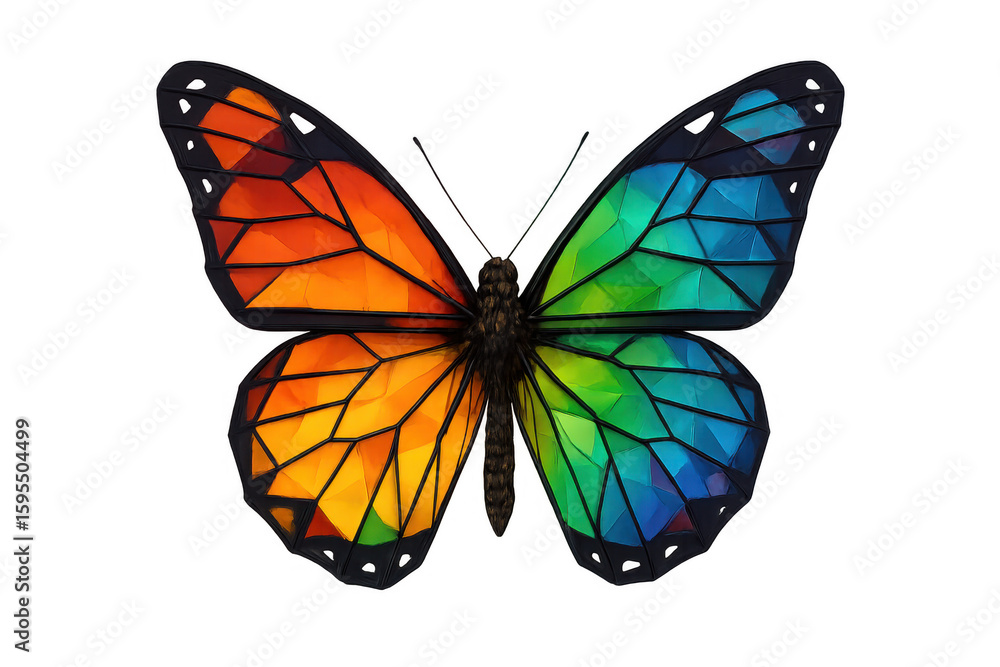 Obraz premium Rainbow-colored butterfly spreading wings, geometric polygon design glowing against transparent backdrop