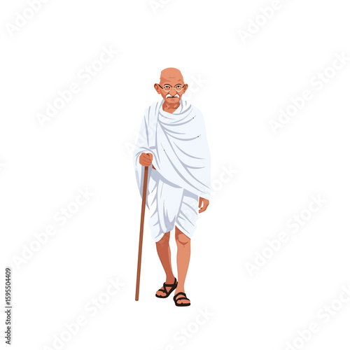 Illustration of Mahatma Gandhi, an iconic Indian leader, walking with a wooden staff, wearing traditional white clothing.