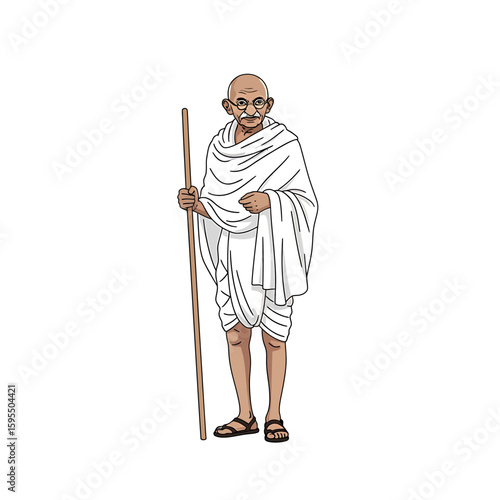 Illustration of Mahatma Gandhi standing with a walking stick, wearing traditional Indian clothing, on a white background.