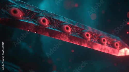 fantasy sword embedded with glowing red eyes — perfect for game development, dark fantasy book covers, or concept art involving cursed or demonic weapons	
