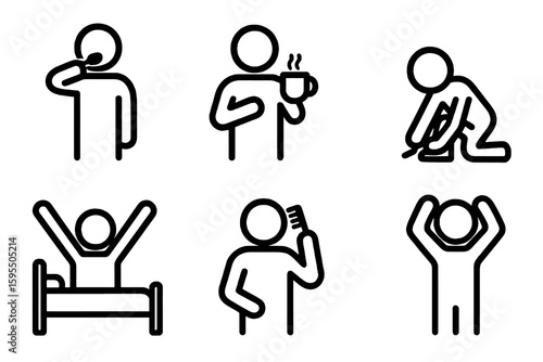 Simple black human activity icons including combing hair, stretching and tying shoes. For stock or interface kits.