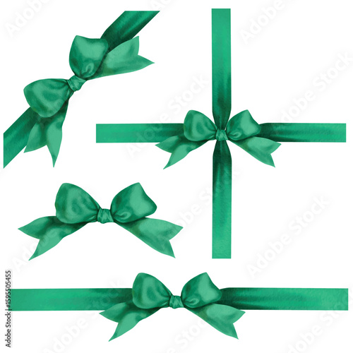 Vector illustration set of decorative green bow isolated on white background  watercolor style digital painted.