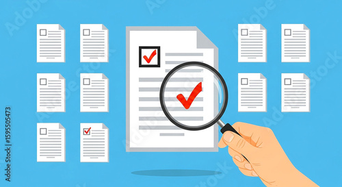Documents with check marks being inspected with a magnifying glass against a blue background design