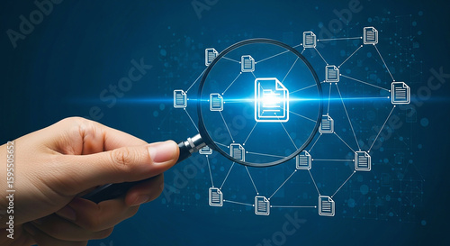 Hand holding magnifying glass over connected document icons on a dark blue background with light flare