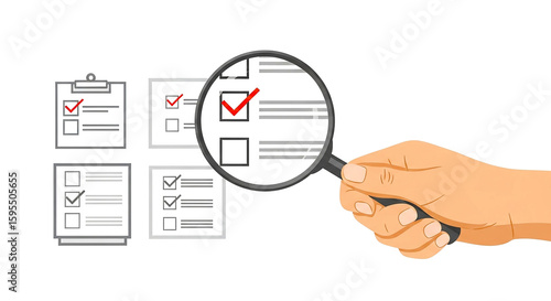 Hand holding magnifying glass over checklist with boxes and red checkmarks on a white background
