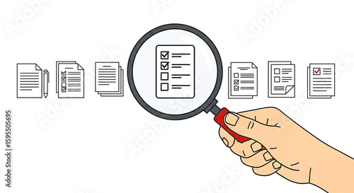 A hand holding a magnifying glass over a document with checkmarks and other documents in background