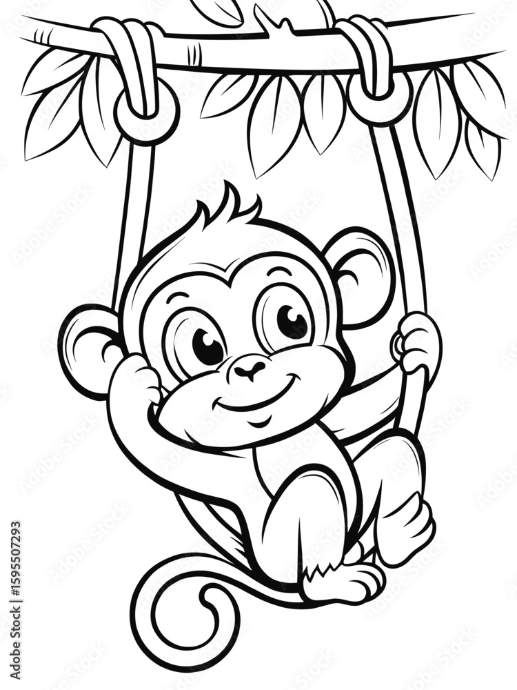 Obraz premium Cute monkey swinging on a swing in a playful jungle setting coloring page for kids activities and educational worksheets 
