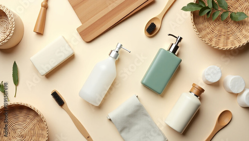 Flat lay of natural household and personal care items: soap, wood, and cotton balls on a cream background. Clean, natural, minimalist concept.