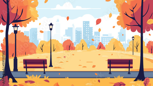Vibrant City Park Autumn Landscape with Fall Foliage, Urban Setting