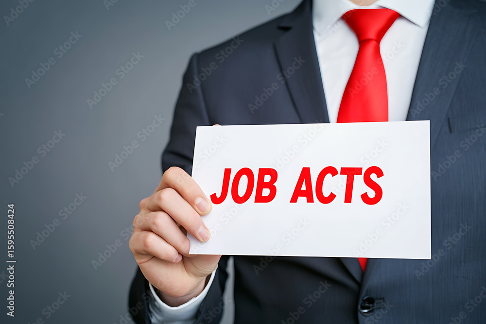 Obraz premium Professional holding sign with 'Job Acts' text. Depicts employment regulations. Legal compliance emphasized. Workforce policies. Job creation and legal.